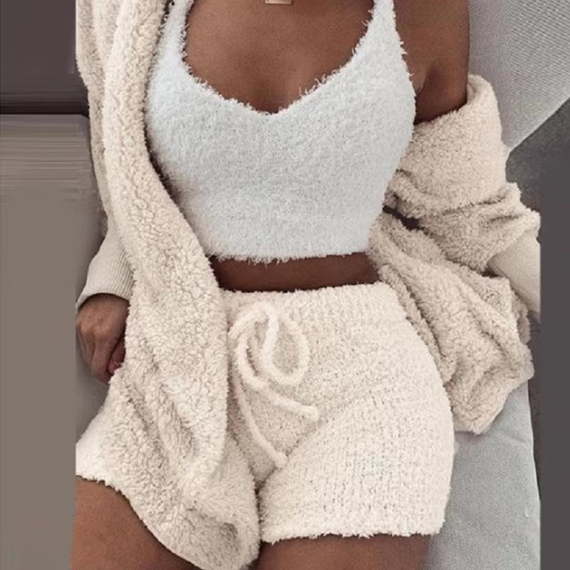 Plush Home Fluffy Pajamas Suit Women'S Casual Pajamas Vest Shorts plus Size Hoodie Casual Jumpsuit Winter Three-Piece Pajamas
