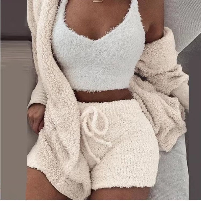 Plush Home Fluffy Pajamas Suit Women'S Casual Pajamas Vest Shorts plus Size Hoodie Casual Jumpsuit Winter Three-Piece Pajamas