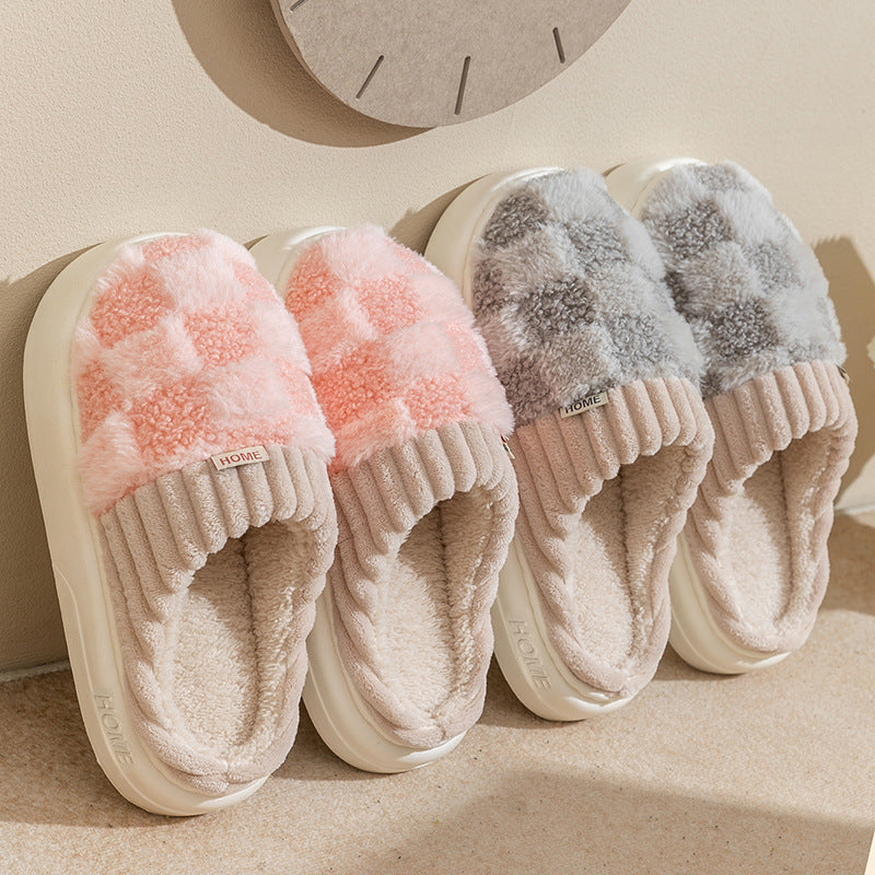 Plaid Plush Slippers Women'S Indoor Plush Home Slippers Soft Sole Thick Non-Slip Warm House Shoes Couple Autumn and Winter