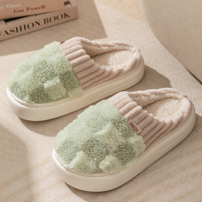 Plaid Plush Slippers Women'S Indoor Plush Home Slippers Soft Sole Thick Non-Slip Warm House Shoes Couple Autumn and Winter