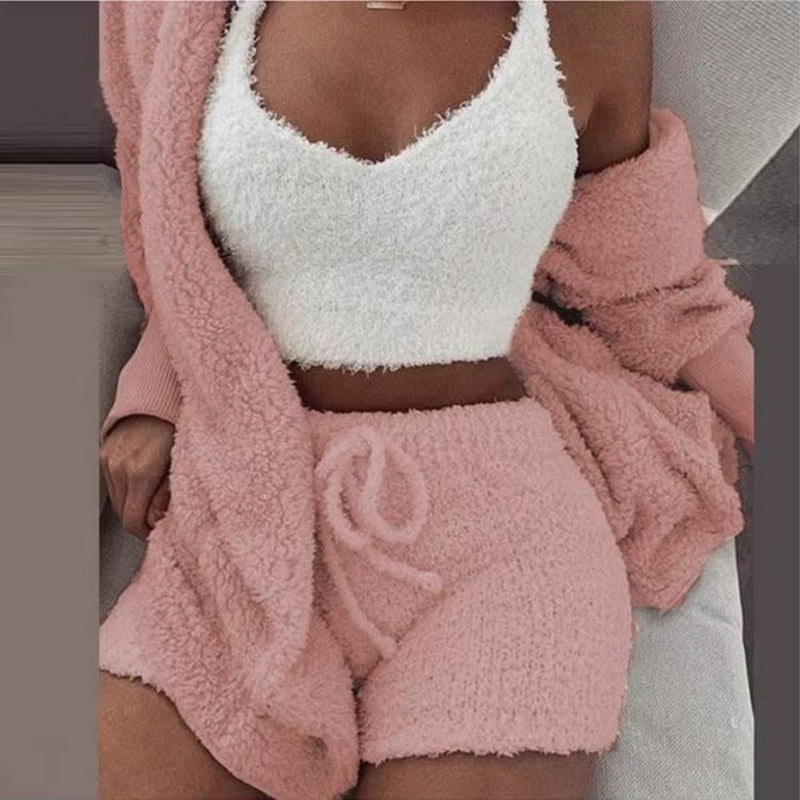 Plush Home Fluffy Pajamas Suit Women'S Casual Pajamas Vest Shorts plus Size Hoodie Casual Jumpsuit Winter Three-Piece Pajamas