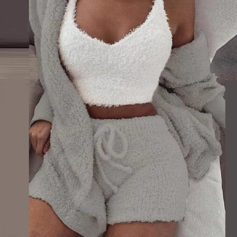 Plush Home Fluffy Pajamas Suit Women'S Casual Pajamas Vest Shorts plus Size Hoodie Casual Jumpsuit Winter Three-Piece Pajamas