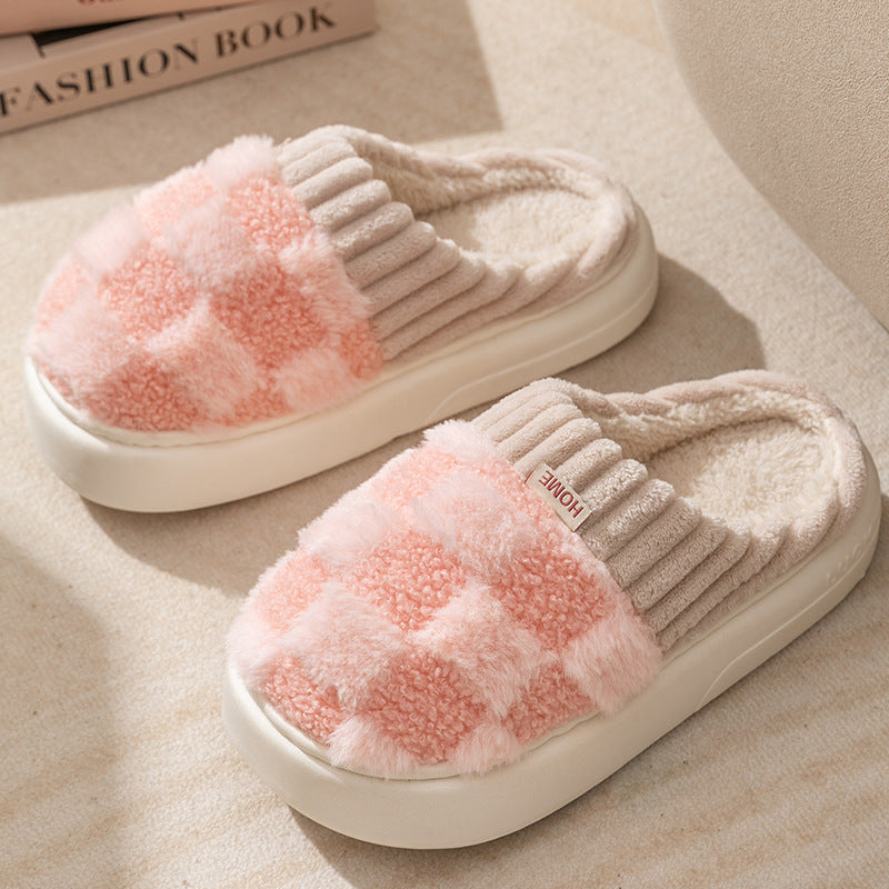 Plaid Plush Slippers Women'S Indoor Plush Home Slippers Soft Sole Thick Non-Slip Warm House Shoes Couple Autumn and Winter