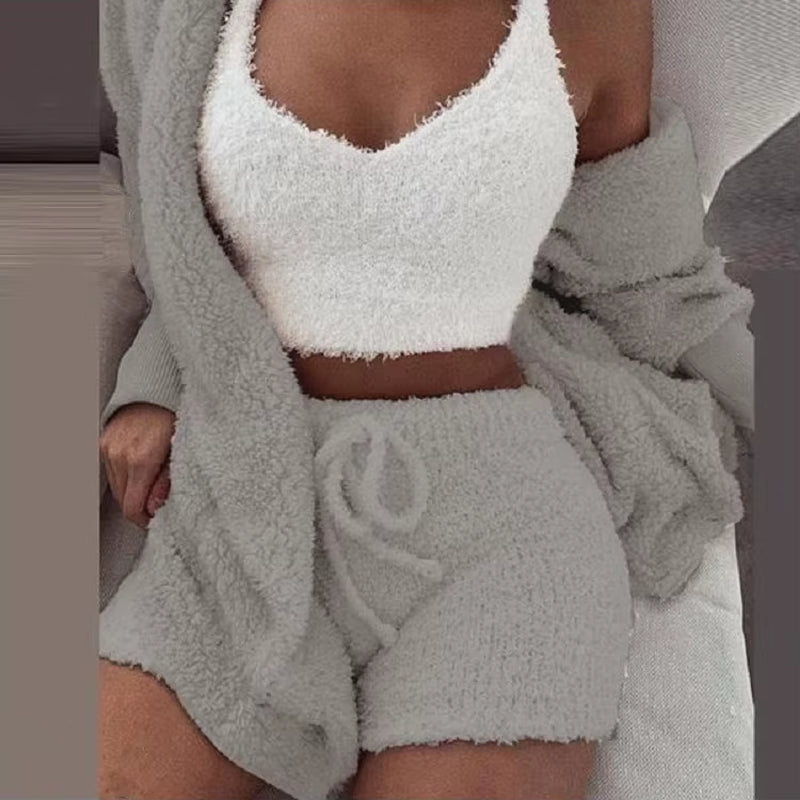 Plush Home Fluffy Pajamas Suit Women'S Casual Pajamas Vest Shorts plus Size Hoodie Casual Jumpsuit Winter Three-Piece Pajamas