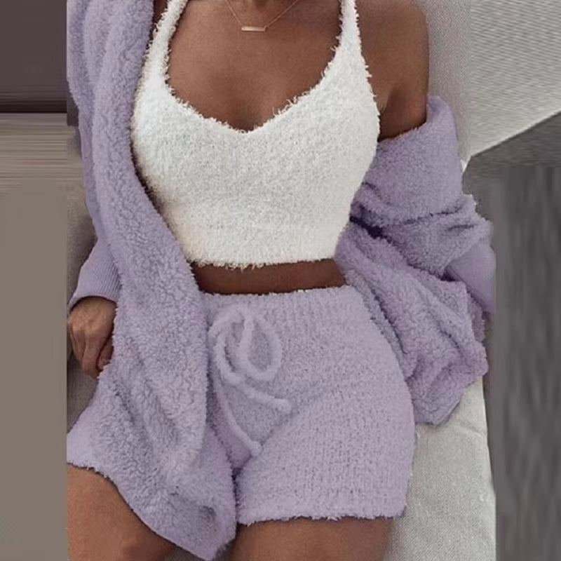 Plush Home Fluffy Pajamas Suit Women'S Casual Pajamas Vest Shorts plus Size Hoodie Casual Jumpsuit Winter Three-Piece Pajamas